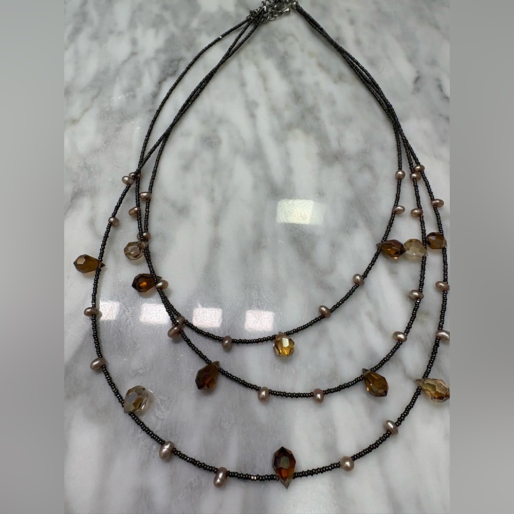 Multi-Strand Brown Crystal and Pearl Necklace